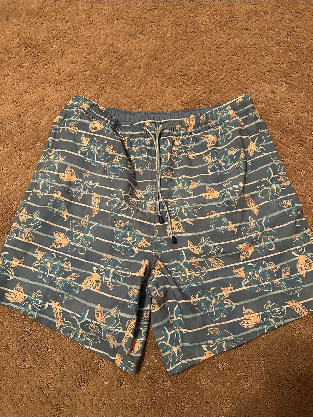 Peter Millar Blue Floral-Striped Swim Trunks